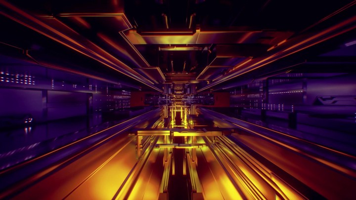3d render, abstract urban background. Futuristic virtual reality motion graphic. Ultraviolet and orange neon light glow, geometric construction. Drone fly away. Loop at 2K resolution.
